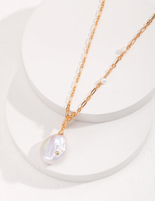 Unique Large Baroque Pearl Pendant With Gold Chain Necklace