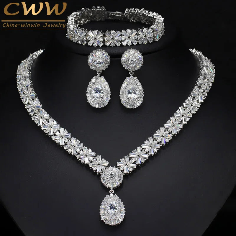 CWWZircons Exclusive Dubai Gold Plate Jewellery Luxury Cubic Zirconia Necklace Earring Bracelet Party Jewelry Set for Women T053