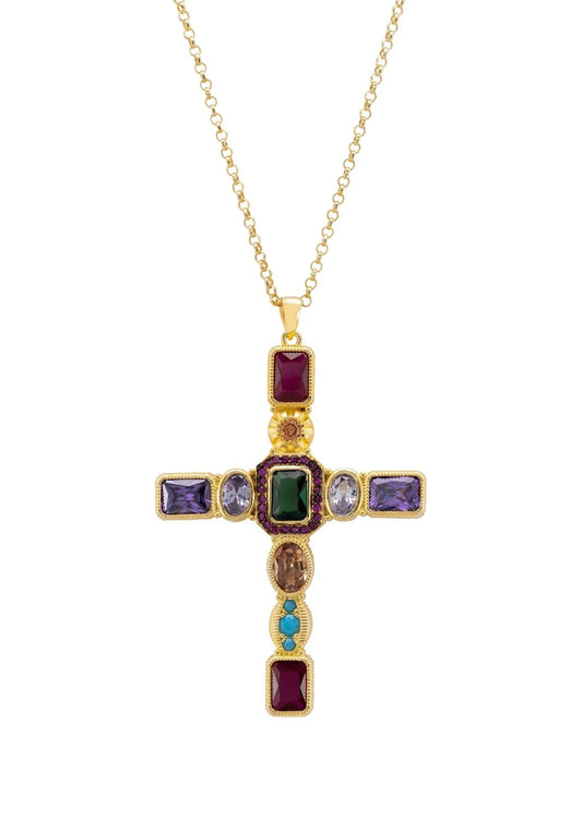 Maria Extra Large Gemstone Fashion Pendant Gold (Cross)
